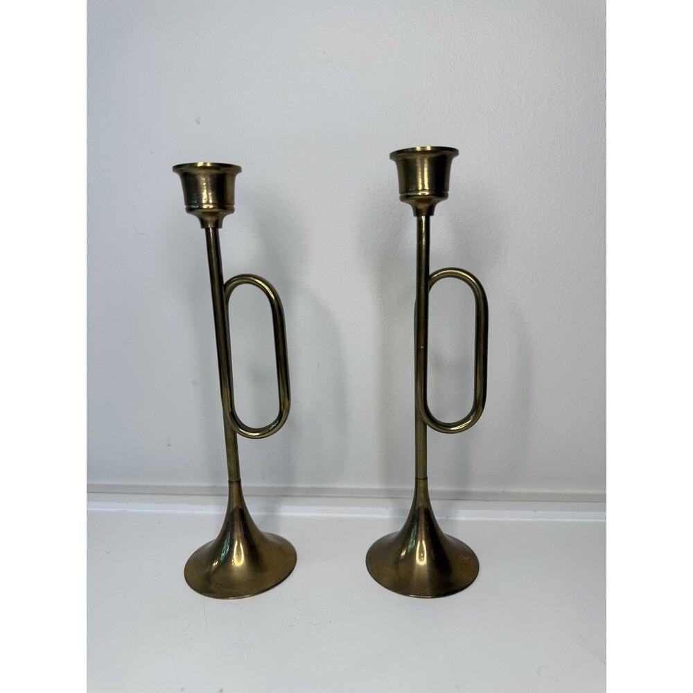 Pair Mid Century Modern Brass Trumpet Candlesticks Loop Handle 8” MCM